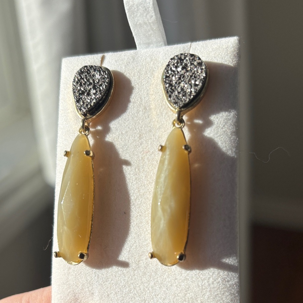 Gold and Cream/green/beige Drop Earrings